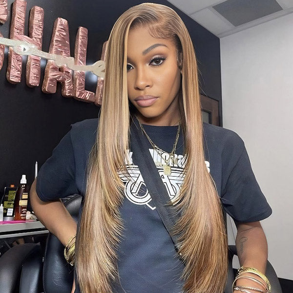 OQ HAIR Layered Cut Straight Brown Highlight Ombre Pre-cut Lace Wear Go Glueless Wig