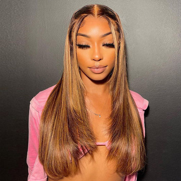 OQ HAIR Layered Cut Straight Brown Highlight Ombre Pre-cut Lace Wear Go Glueless Wig