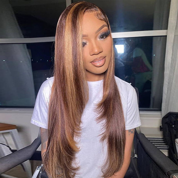 OQ HAIR Layered Cut Straight Brown Highlight Ombre Pre-cut Lace Wear Go Glueless Wig