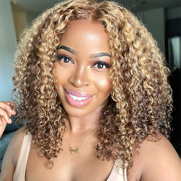 OQHAIR 4/27 Highlight Color Wear Go Glueless Wigs Pre Cut 7x5 HD Lace Kinky Curly Hair Short Bob Wigs