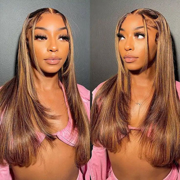 OQ HAIR Layered Cut Straight Brown Highlight Ombre Pre-cut Lace Wear Go Glueless Wig