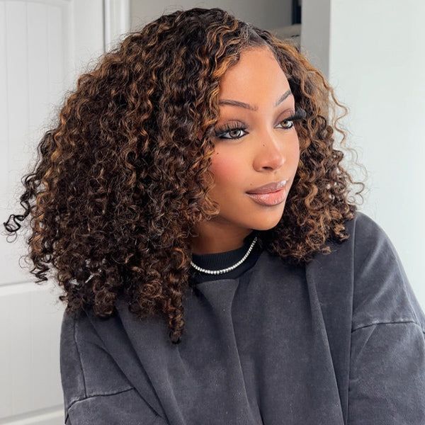 OQ HAIR Balayage Highlight Ombre Brown Water Wave Wear Go Glueless Wig With Natural Hairline