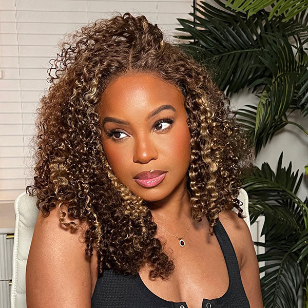 OQHAIR 4/27 Highlight Color Wear Go Glueless Wigs Pre Cut 7x5 HD Lace Kinky Curly Hair Short Bob Wigs