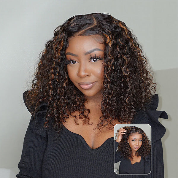 OQ HAIR Balayage Highlight Ombre Brown Water Wave Wear Go Glueless Wig With Natural Hairline