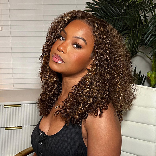 OQHAIR 4/27 Highlight Color Wear Go Glueless Wigs Pre Cut 7x5 HD Lace Kinky Curly Hair Short Bob Wigs