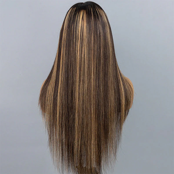 OQ HAIR Layered Cut Straight Brown Highlight Ombre Pre-cut Lace Wear Go Glueless Wig