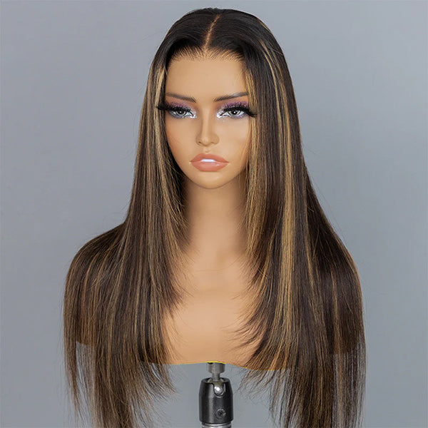 OQ HAIR Layered Cut Straight Brown Highlight Ombre Pre-cut Lace Wear Go Glueless Wig