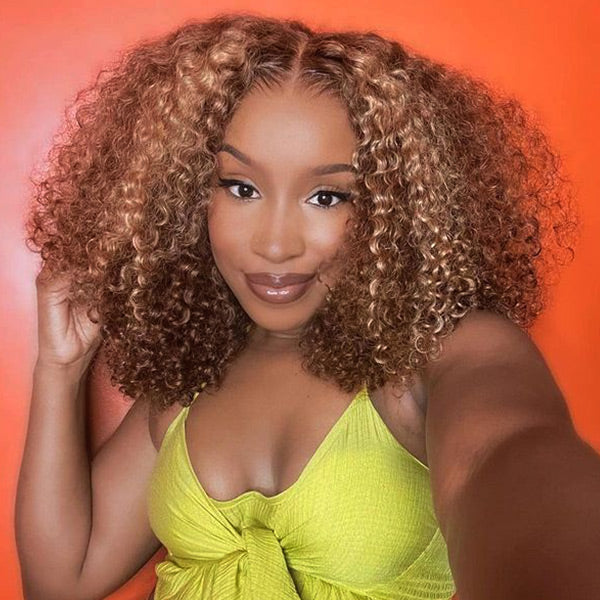 OQHAIR 4/27 Highlight Color Wear Go Glueless Wigs Pre Cut 7x5 HD Lace Kinky Curly Hair Short Bob Wigs