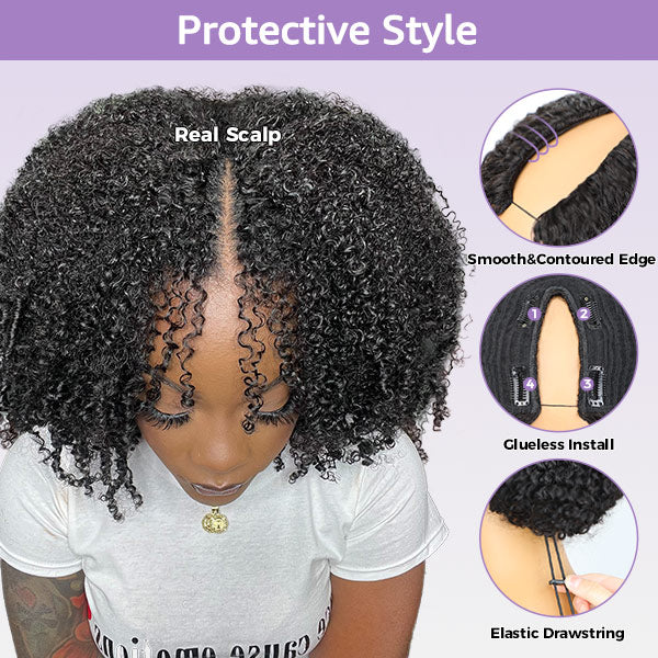 Kinky Straight V Part Wig No Leave Out Thin Part Glueless Wigs Human Hair Wig
