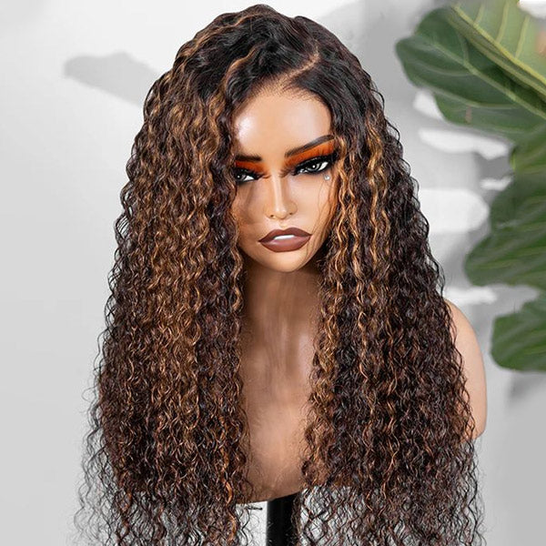 OQ HAIR Balayage Highlight Ombre Brown Water Wave Wear Go Glueless Wig With Natural Hairline