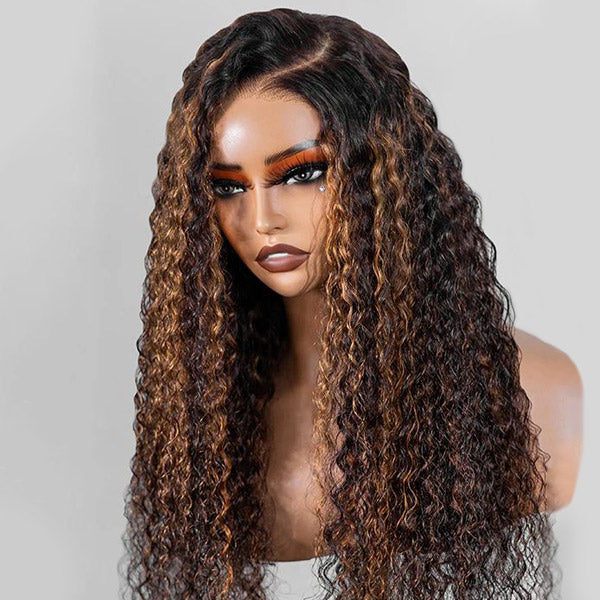 OQ HAIR Balayage Highlight Ombre Brown Water Wave Wear Go Glueless Wig With Natural Hairline