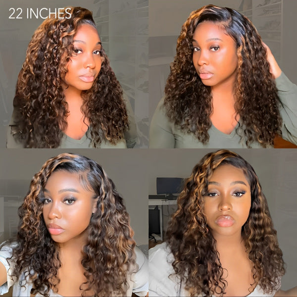 OQ HAIR Balayage Highlight Ombre Brown Water Wave Wear Go Glueless Wig With Natural Hairline