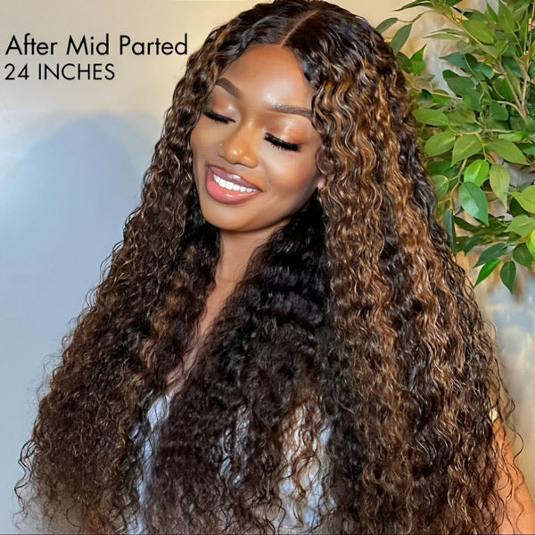 OQ HAIR Balayage Highlight Ombre Brown Water Wave Wear Go Glueless Wig With Natural Hairline
