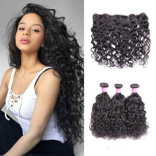 9A Natural Wave Human Hair 3 Bundles with 13*4 Lace Frontal Natural Black
