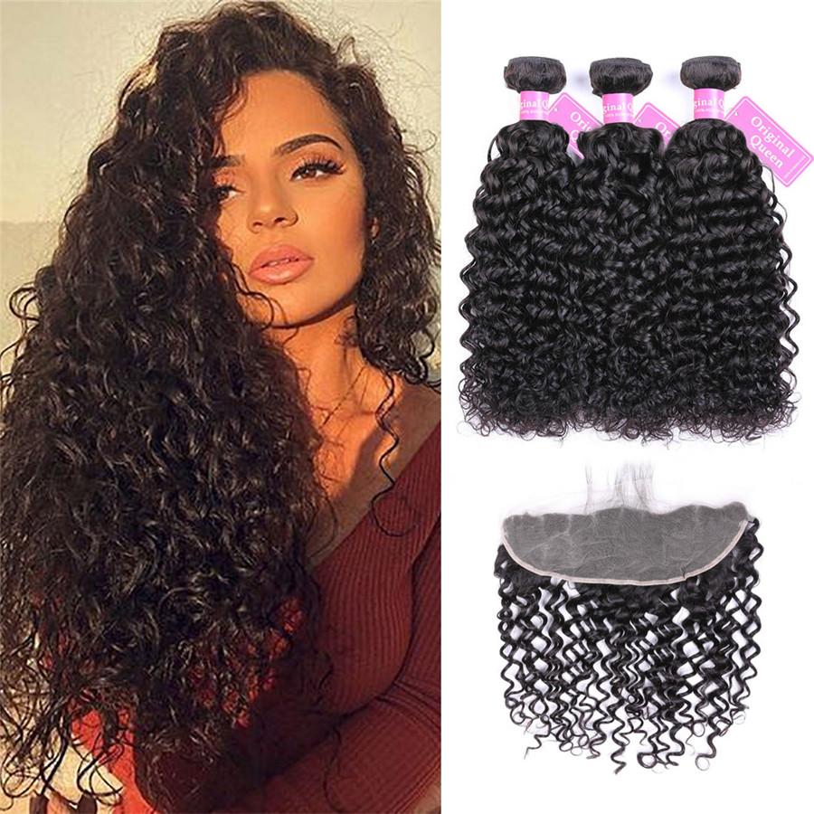 9A Water Wave Human Hair 3 Bundles with 13*4 Lace Frontal Natural Black