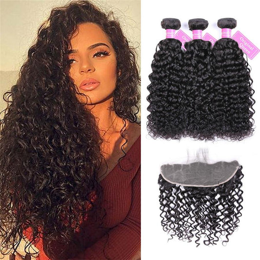9A Water Wave Human Hair 3 Bundles with 13*4 Lace Frontal Natural Black
