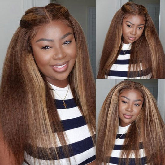OQHAIR Kinky Straight Highlight Brown Color Wear Go Glueless Wigs 7x5 Lace Pre-Cut Lace Preplucked Human Hair Wigs