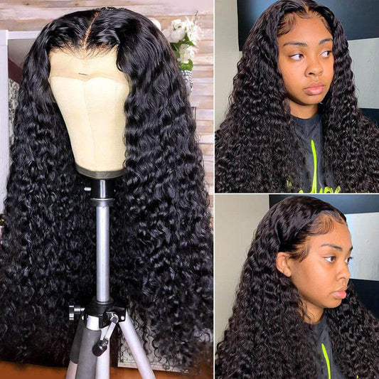 T Part Lace Wig Human Hair 6Inches Deep Middle T Part Wigs Water Wave Wet and Wavy Lace Front Wigs with Baby Hair