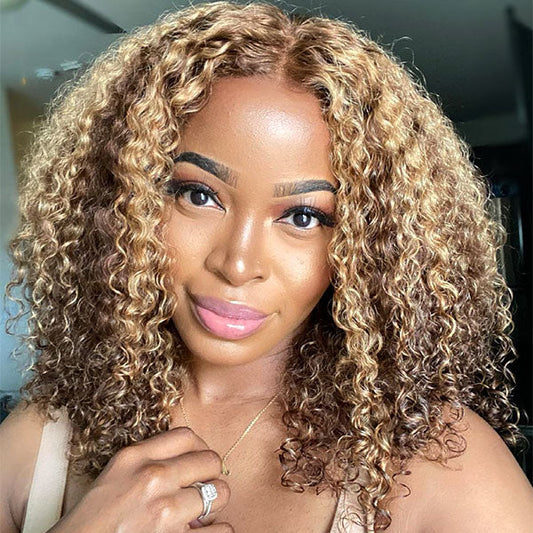 OQHAIR 4/27 Highlight Color Wear Go Glueless Wigs Pre Cut 7x5 HD Lace Kinky Curly Hair Short Bob Wigs