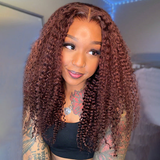 OQ HAIR Kinky Curly Reddish Brown Wear Go Glueless Wig Pre-cut 7x5 Lace Wig Pre-plucked Hairline