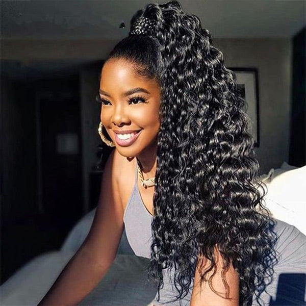 Deep Wave Ponytail With Clip In 100% Human Hair Wrap-around Magic Velcro Ponytail Extension Quality Hair