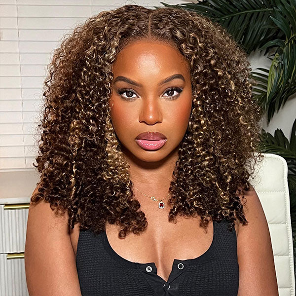 OQHAIR 4/27 Highlight Color Wear Go Glueless Wigs Pre Cut 7x5 HD Lace Kinky Curly Hair Short Bob Wigs