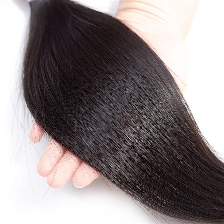 9A Straight Human Hair 3 Bundles with 13*4 Lace Frontal Natural Black