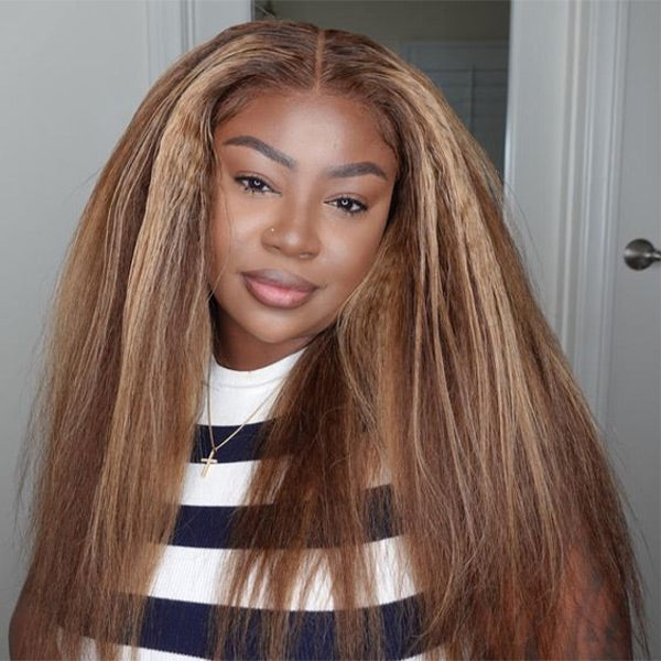 OQHAIR Kinky Straight Highlight Brown Color Wear Go Glueless Wigs 7x5 Lace Pre-Cut Lace Preplucked Human Hair Wigs