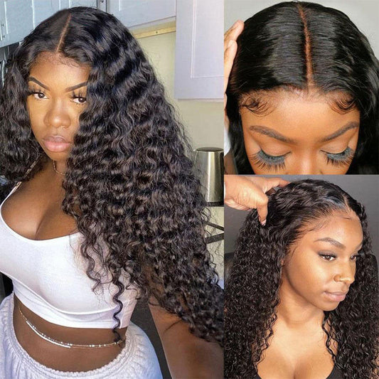 T-part Lace Front Wigs Human Hair Middle Part Long Deep Wave Human Hair Wigs for Women Natural Black