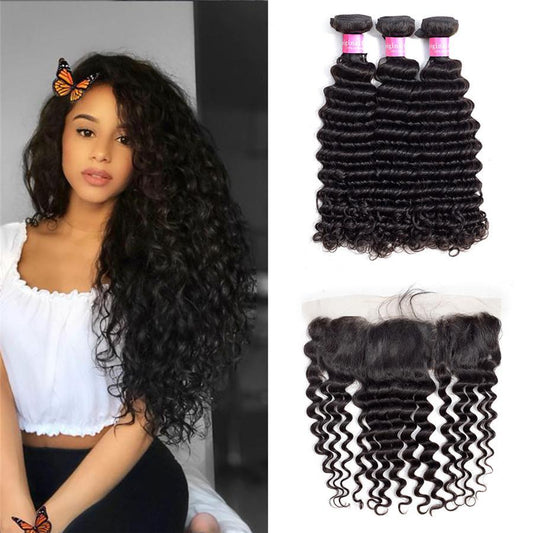 9A Deep Wave Human Hair 3 Bundles with 13*4 Lace Frontal Natural Black
