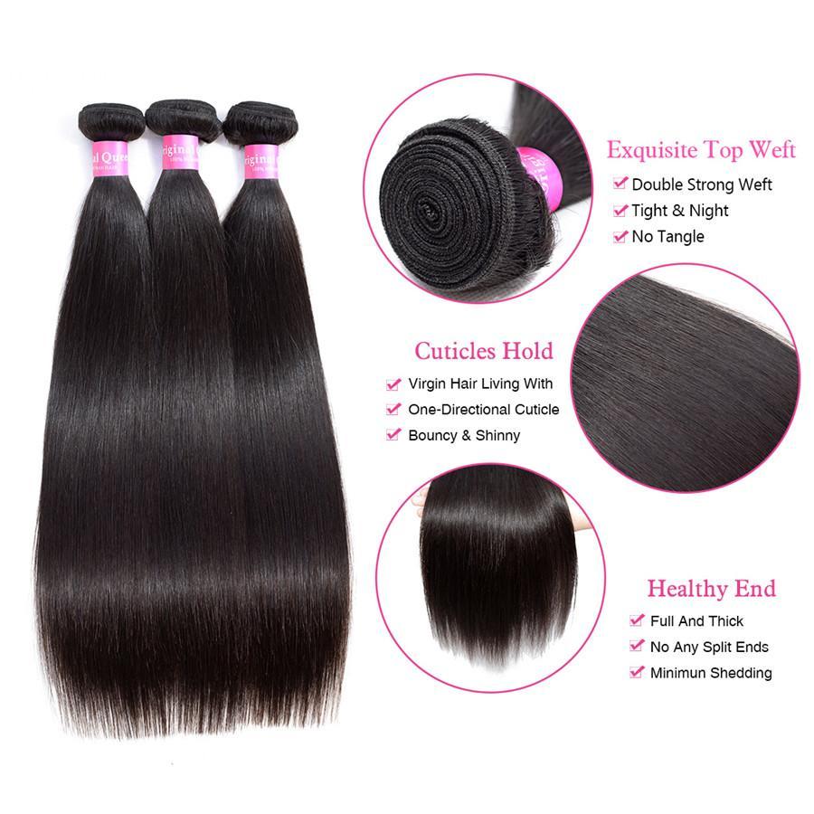 9A Straight Human Hair 3 Bundles with 13*4 Lace Frontal Natural Black