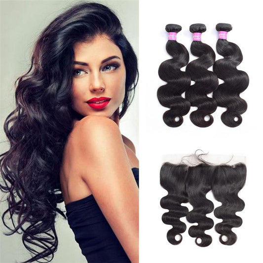 9A Body Wave Human Hair 3 Bundles with 13*4 Lace Frontal Natural Black