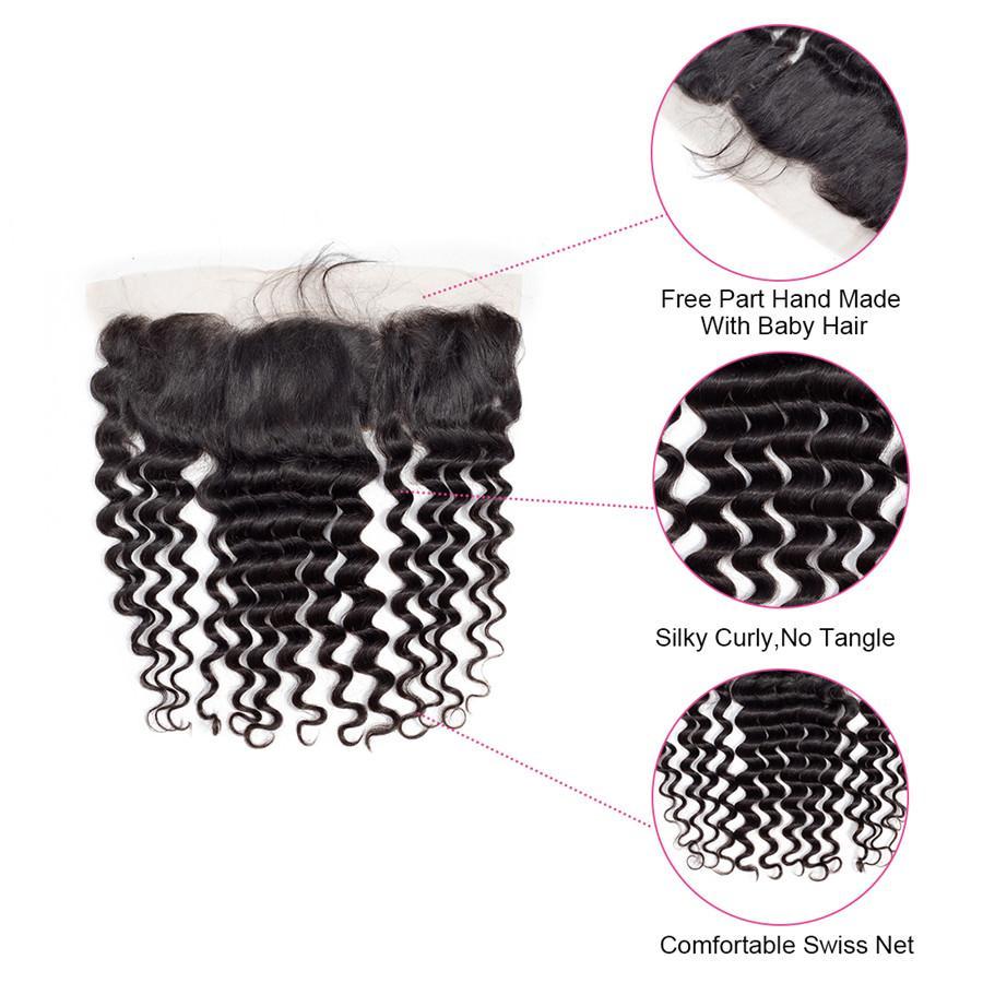 9A Deep Wave Human Hair 3 Bundles with 13*4 Lace Frontal Natural Black