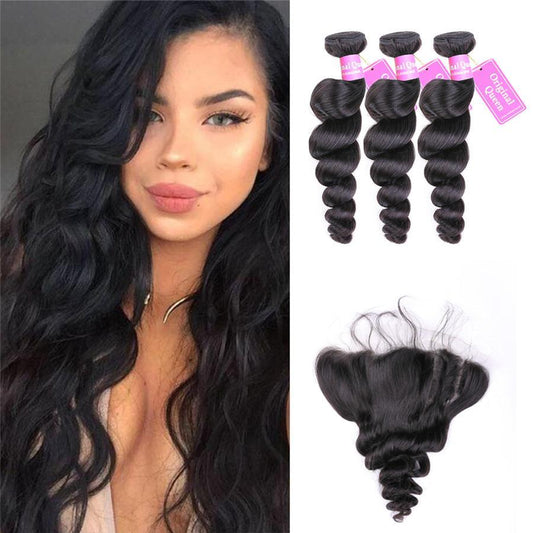 9A Loose Wave Human Hair 3 Bundles with 13*4 Lace Frontal Natural Black