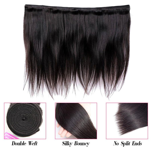 9A Straight Human Hair 3 Bundles with 13*4 Lace Frontal Natural Black